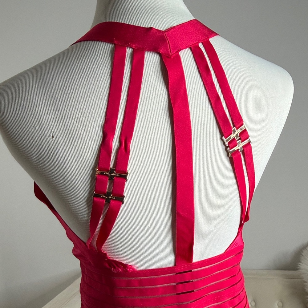Honey Birdette Women's Red Strappy Bodysuit with Garter Raspberry XL - Picture 7 of 9